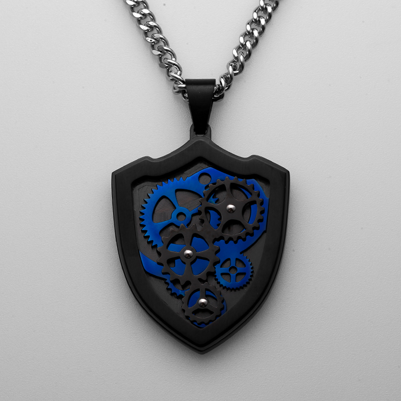 Gear Colgante de acero inoxidable Collar de dos tonos negro y azul Joyería colgante creativa para hombre